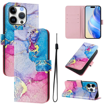 For iPhone 16 Pro Case Pattern Printing Wallet Phone Cover with Strap - Multicolor Marble