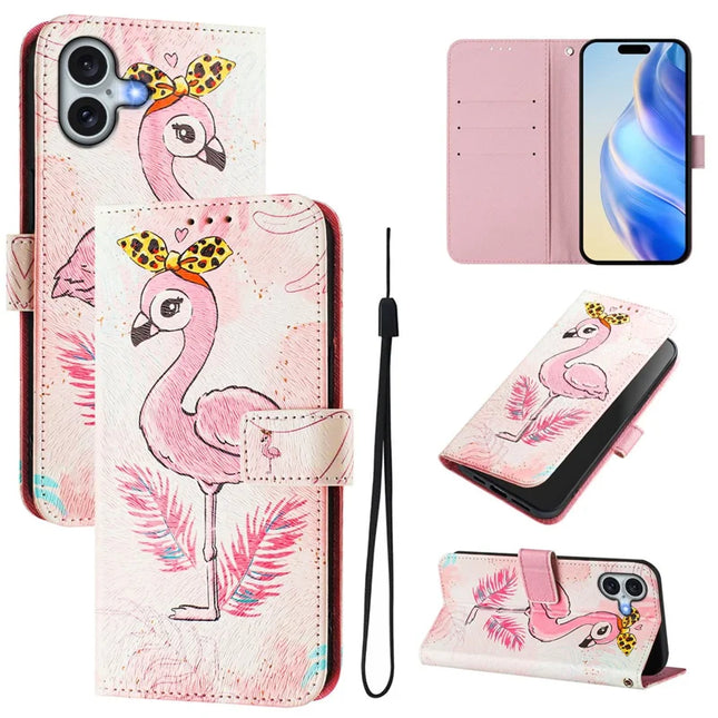 For iPhone 16 Plus Case Pattern Printing Wallet Phone Cover with Strap - Bird