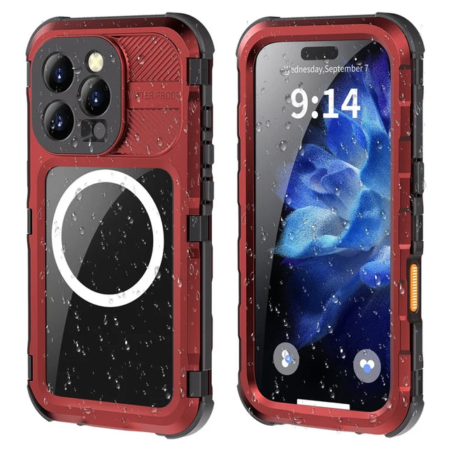 SHELLBOX M Series For iPhone 16 Pro IP68 Waterproof Case Metal Diving Phone Cover Compatible with MagSafe - Red