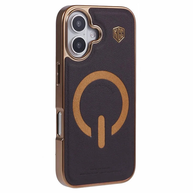 KIGC For iPhone 16 Case Compatible with MagSafe Leather+PC+TPU Back Cover - Titanium Gold
