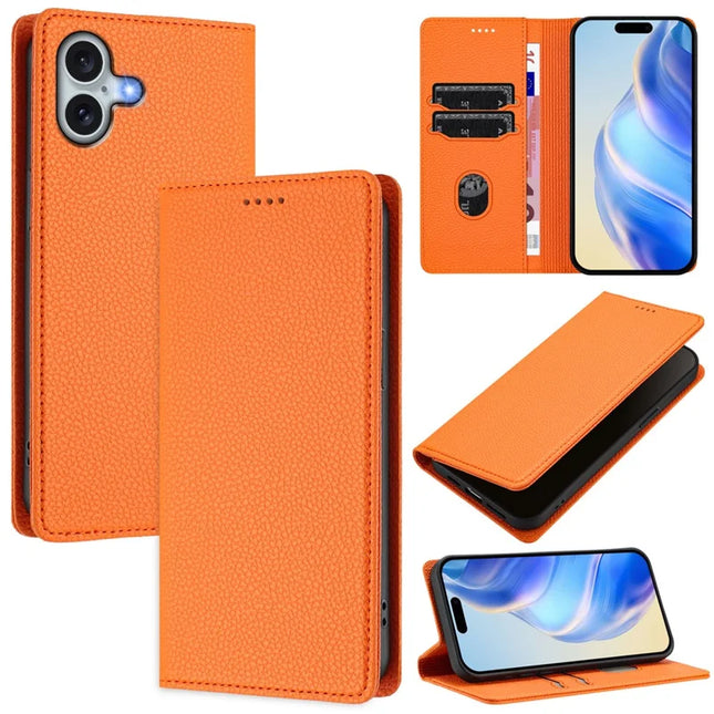 For iPhone 16 Plus Wallet Case RFID Blocking Litchi Texture Leather Mobile Cover - Orange