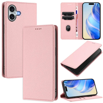 For iPhone 16 Plus Wallet Case RFID Blocking Litchi Texture Leather Mobile Cover - Pink