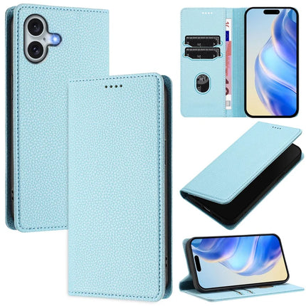 For iPhone 16 Plus Wallet Case RFID Blocking Litchi Texture Leather Mobile Cover - Baby Blue