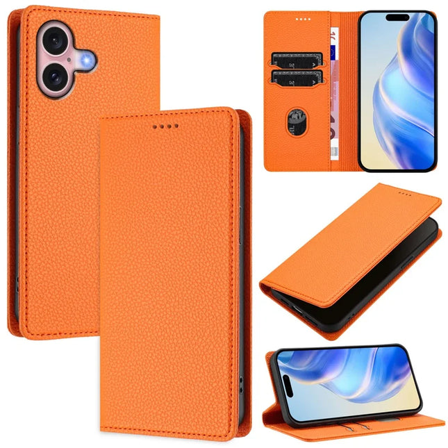 For iPhone 16 Wallet Case RFID Blocking Litchi Texture Leather Mobile Cover - Orange