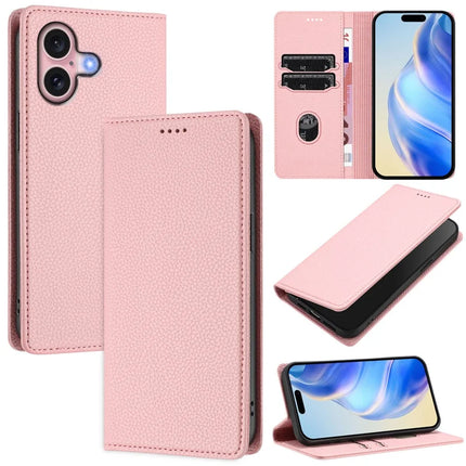 For iPhone 16 Wallet Case RFID Blocking Litchi Texture Leather Mobile Cover - Pink