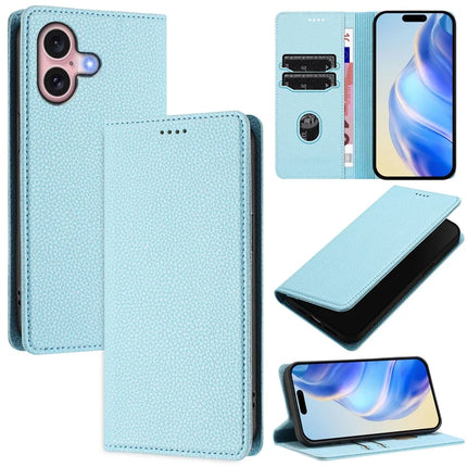 For iPhone 16 Wallet Case RFID Blocking Litchi Texture Leather Mobile Cover - Baby Blue