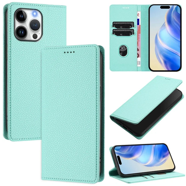 For iPhone 16 Pro Max Wallet Case RFID Blocking Litchi Texture Leather Mobile Cover - Mint Green