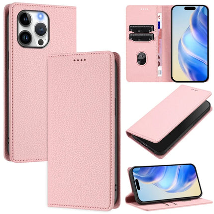 For iPhone 16 Pro Max Wallet Case RFID Blocking Litchi Texture Leather Mobile Cover - Pink