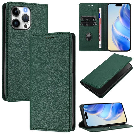 For iPhone 16 Pro Max Wallet Case RFID Blocking Litchi Texture Leather Mobile Cover - Dark Green