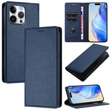 For iPhone 16 Pro Max Wallet Case RFID Blocking Litchi Texture Leather Mobile Cover - Dark Blue