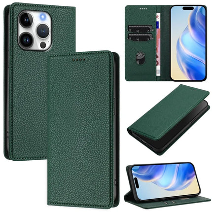 For iPhone 16 Pro Wallet Case RFID Blocking Litchi Texture Leather Mobile Cover - Dark Green