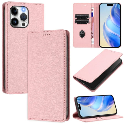 For iPhone 15 Pro Max Wallet Case RFID Blocking Litchi Texture Leather Mobile Cover - Pink