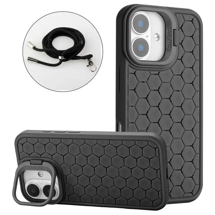 For iPhone 16 TPU Case Kickstand Heat Dissipation Phone Cover with Lanyard - Black