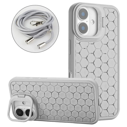 For iPhone 16 TPU Case Kickstand Heat Dissipation Phone Cover with Lanyard - Grey