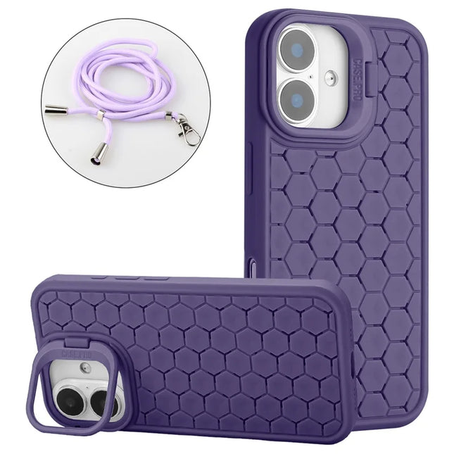 For iPhone 16 Plus TPU Case Kickstand Heat Dissipation Phone Cover with Lanyard - Purple