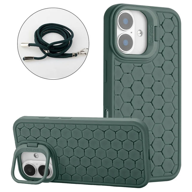 For iPhone 16 Plus TPU Case Kickstand Heat Dissipation Phone Cover with Lanyard - Army Green