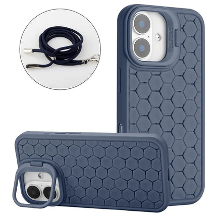 For iPhone 16 Plus TPU Case Kickstand Heat Dissipation Phone Cover with Lanyard - Dark Blue