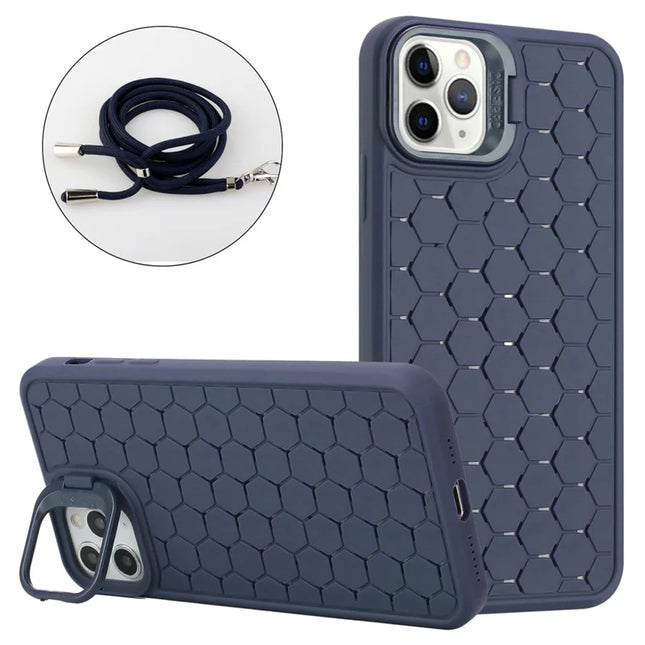 For iPhone 16 Pro Max TPU Case Kickstand Heat Dissipation Phone Cover with Lanyard - Dark Blue