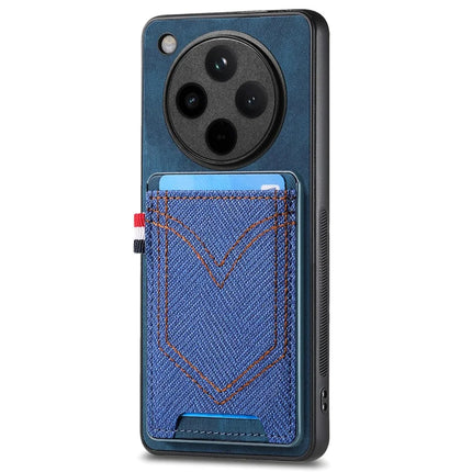 For Oppo Find X8 Pro 5G Phone Case Retro Jean Cloth Texture Leather Back Cover Card Holder - Blue