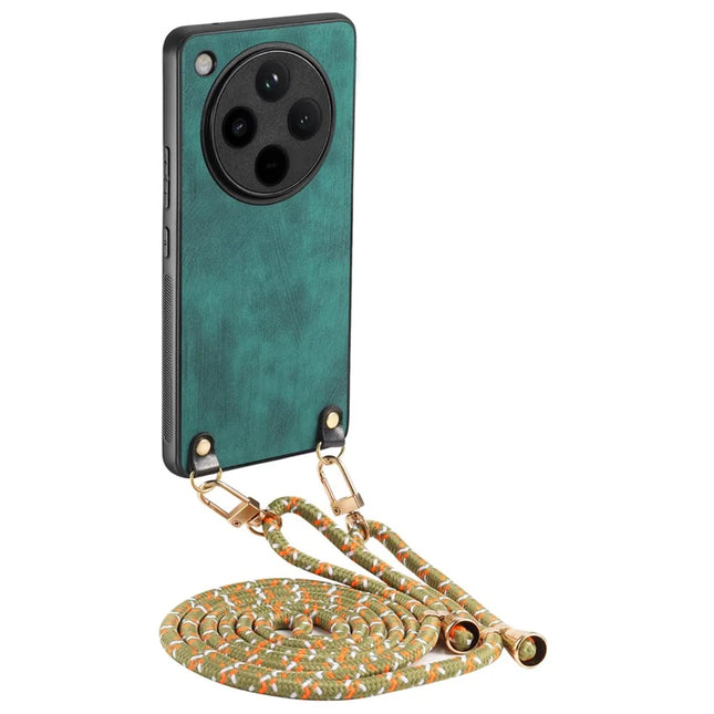 For Oppo Find X8 Pro 5G Case Retro Texture Leather Coated PC+TPU Phone Cover with Hanging Rope - Green