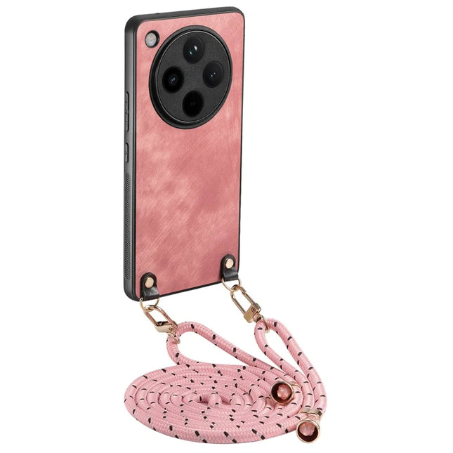 For Oppo Find X8 Pro 5G Case Retro Texture Leather Coated PC+TPU Phone Cover with Hanging Rope - Pink
