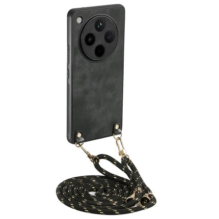 For Oppo Find X8 Pro 5G Case Retro Texture Leather Coated PC+TPU Phone Cover with Hanging Rope - Black