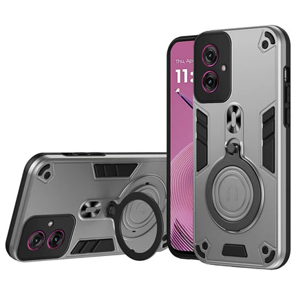 For Motorola Moto G55 5G Case Rotatable Kickstand PC+TPU Drop Protection Phone Cover - Silver