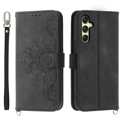 For Samsung Galaxy A26 5G Case Flower Pattern PU Leather Wallet Phone Cover with Strap - Black