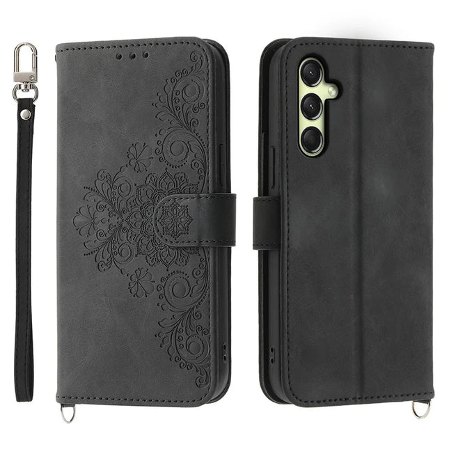For Samsung Galaxy A26 5G Case Flower Pattern PU Leather Wallet Phone Cover with Strap - Black