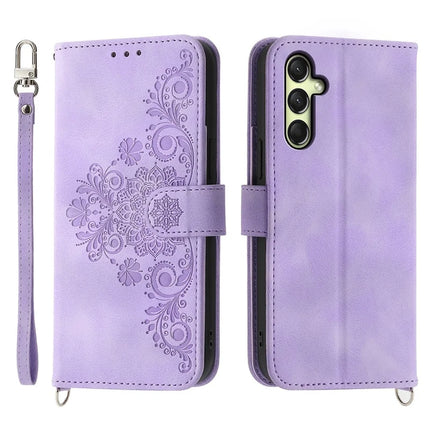 For Samsung Galaxy A26 5G Case Flower Pattern PU Leather Wallet Phone Cover with Strap - Light Purple