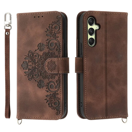 For Samsung Galaxy A26 5G Case Flower Pattern PU Leather Wallet Phone Cover with Strap - Brown