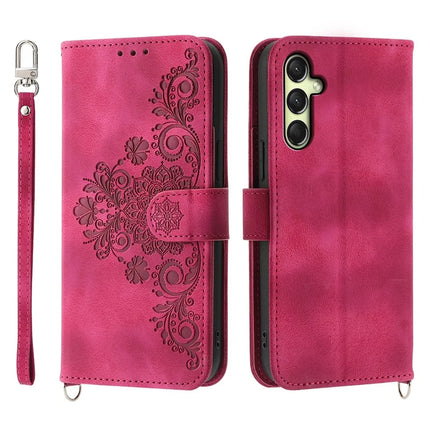For Samsung Galaxy A26 5G Case Flower Pattern PU Leather Wallet Phone Cover with Strap - Wine Red