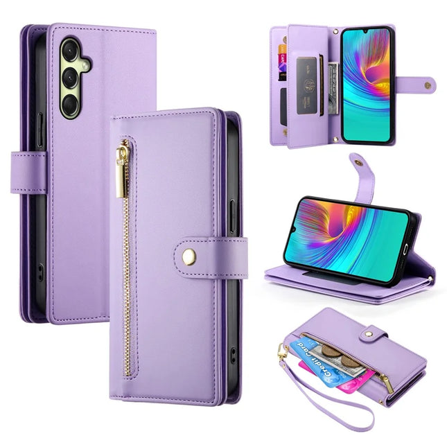 DF-011 For Samsung Galaxy A26 5G Case Zipper Pocket Wallet Leather Phone Cover with Straps - Purple