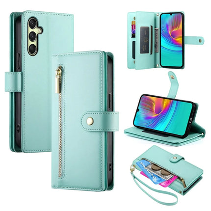 DF-011 For Samsung Galaxy A26 5G Case Zipper Pocket Wallet Leather Phone Cover with Straps - Mint Green