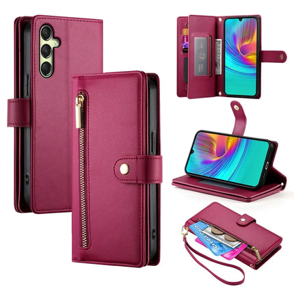 DF-011 For Samsung Galaxy A26 5G Case Zipper Pocket Wallet Leather Phone Cover with Straps - Red