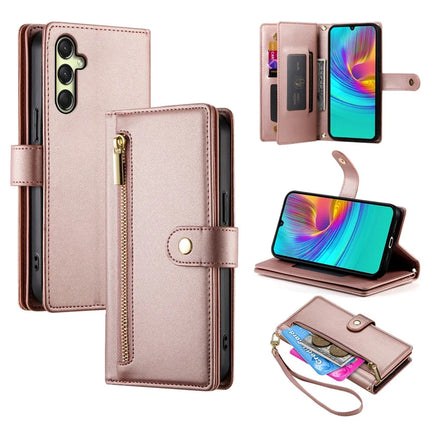 DF-011 For Samsung Galaxy A26 5G Case Zipper Pocket Wallet Leather Phone Cover with Straps - Pink