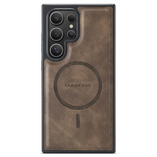 MAGKING K1 Series For Samsung Galaxy S23 Ultra Magnetic Case PC+TPU+PU Leather Phone Cover - Coffee