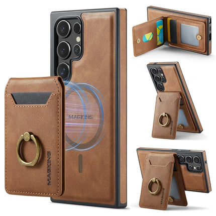 MAGKING K1 Series For Samsung Galaxy S23 Ultra Magnetic Case PC+TPU+PU Phone Cover with Card Holder - Brown