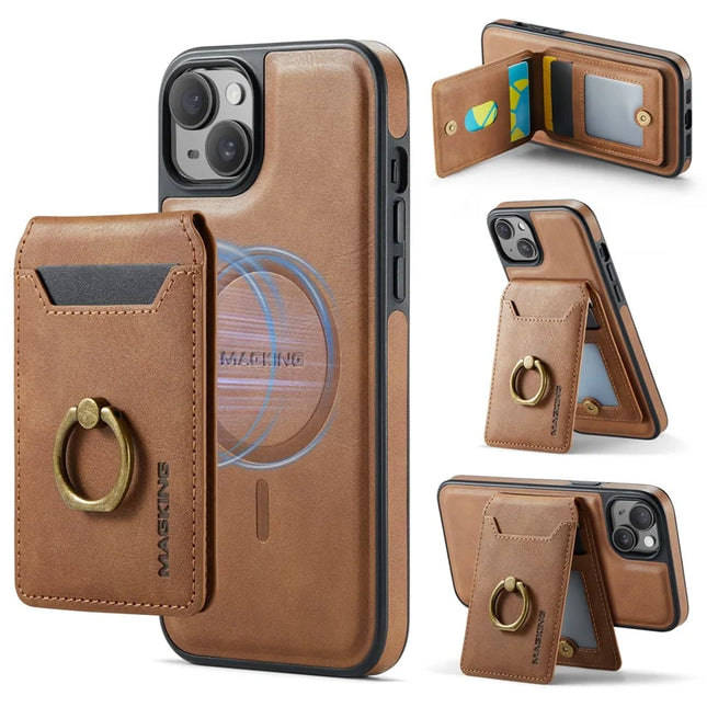 MAGKING K1 Series For iPhone 13 Magnetic Case PC+TPU+PU Phone Cover with Card Holder - Brown