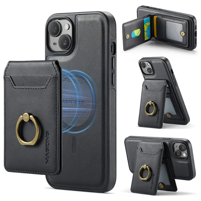 MAGKING K1 Series For iPhone 14 Magnetic Case PC+TPU+PU Phone Cover with Card Holder - Black