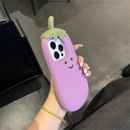 For iPhone 16 Pro Case Cartoon Smile Eggplant Soft Silicone Phone Cover