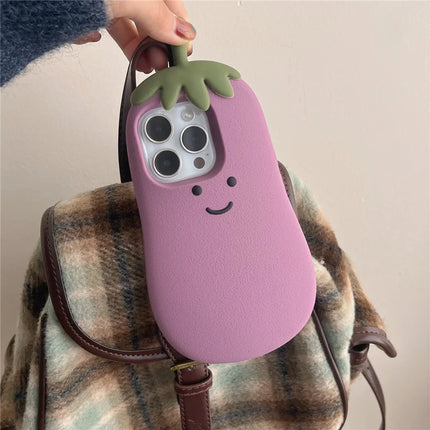 For iPhone 16 Pro Case Cartoon Smile Eggplant Soft Silicone Phone Cover