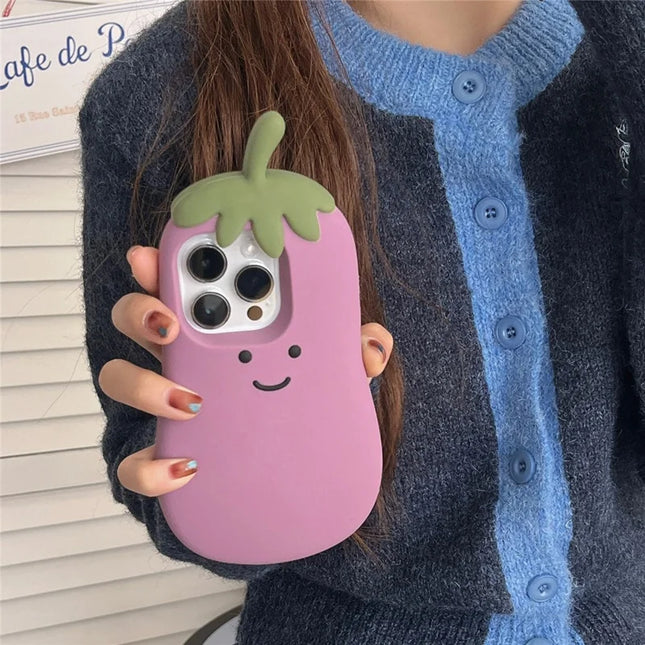 For iPhone 16 Pro Max Case Cartoon Smile Eggplant Soft Silicone Phone Cover