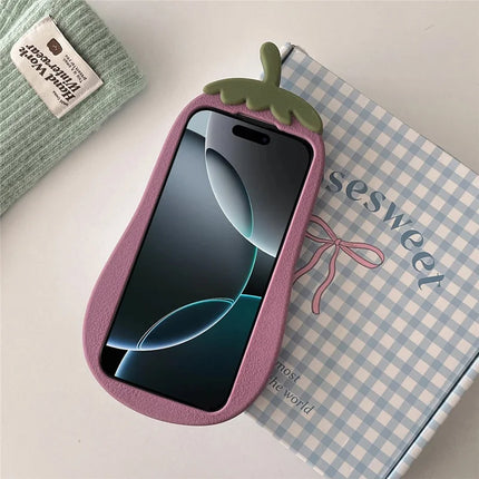 For iPhone 16 Pro Max Case Cartoon Smile Eggplant Soft Silicone Phone Cover