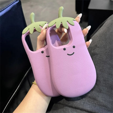 For iPhone 16 Pro Max Case Cartoon Smile Eggplant Soft Silicone Phone Cover
