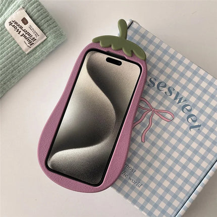 For iPhone 15 Pro Max Case Cartoon Smile Eggplant Soft Silicone Phone Cover