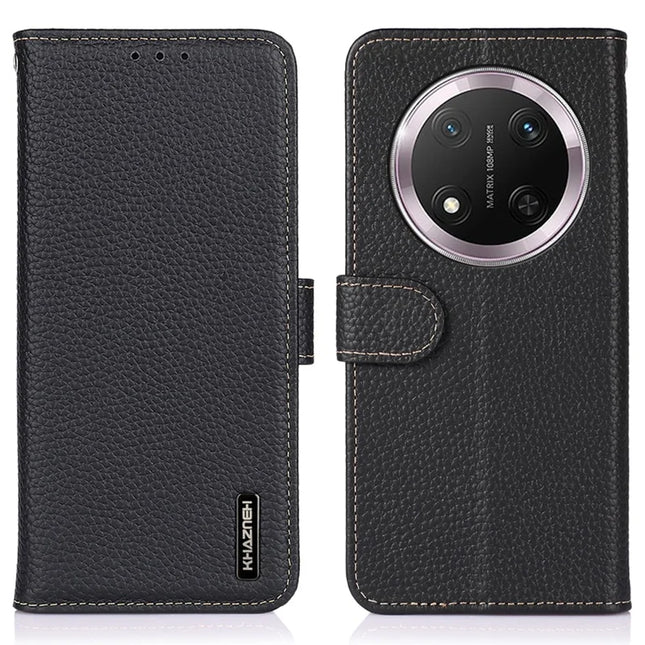 KHAZNEH For Honor Magic7 Lite 5G / X9c 5G / X60 Pro 5G Phone Case Genuine Cow Leather Flip Cover - Black