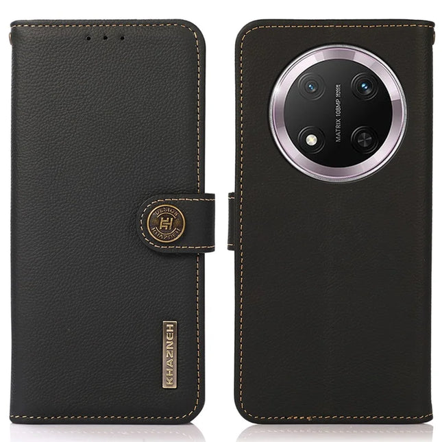 KHAZNEH For Honor Magic7 Lite 5G / X9c 5G / X60 Pro 5G Case Genuine Cow Leather Wallet Phone Cover - Black