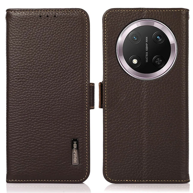 KHAZNEH For Honor Magic7 Lite 5G / X9c 5G / X60 Pro 5G Phone Case Genuine Cow Leather Cover RFID Blocking - Brown
