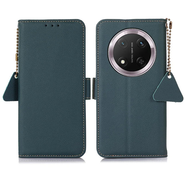 TJ For Honor Magic7 Lite 5G / X9c 5G / X60 Pro 5G Case RFID Blocking Genuine Cow Leather Phone Cover - Green